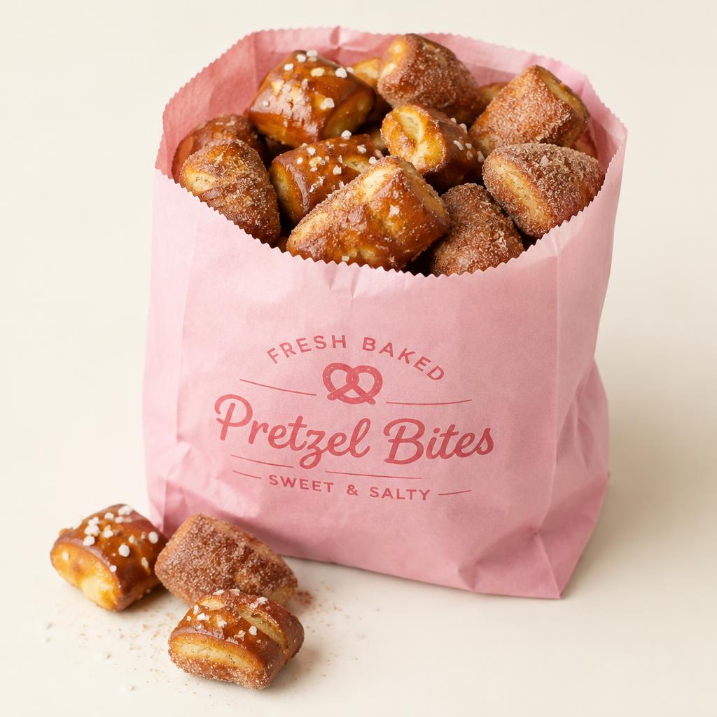 Bite-sized salted and cinnamon sugar pretzel pieces in a pink bag