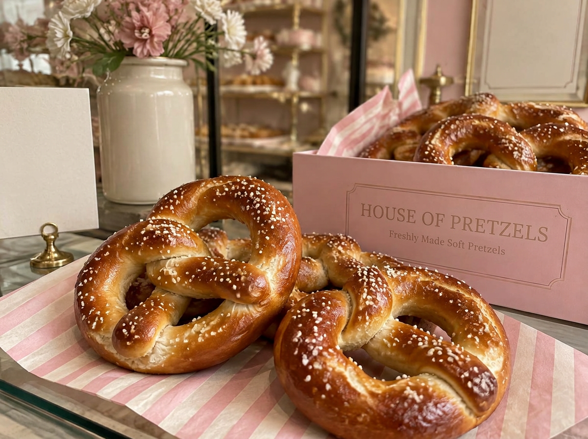 Golden-brown salted soft pretzels on pink striped bakery paper beside a House of Pretzels box